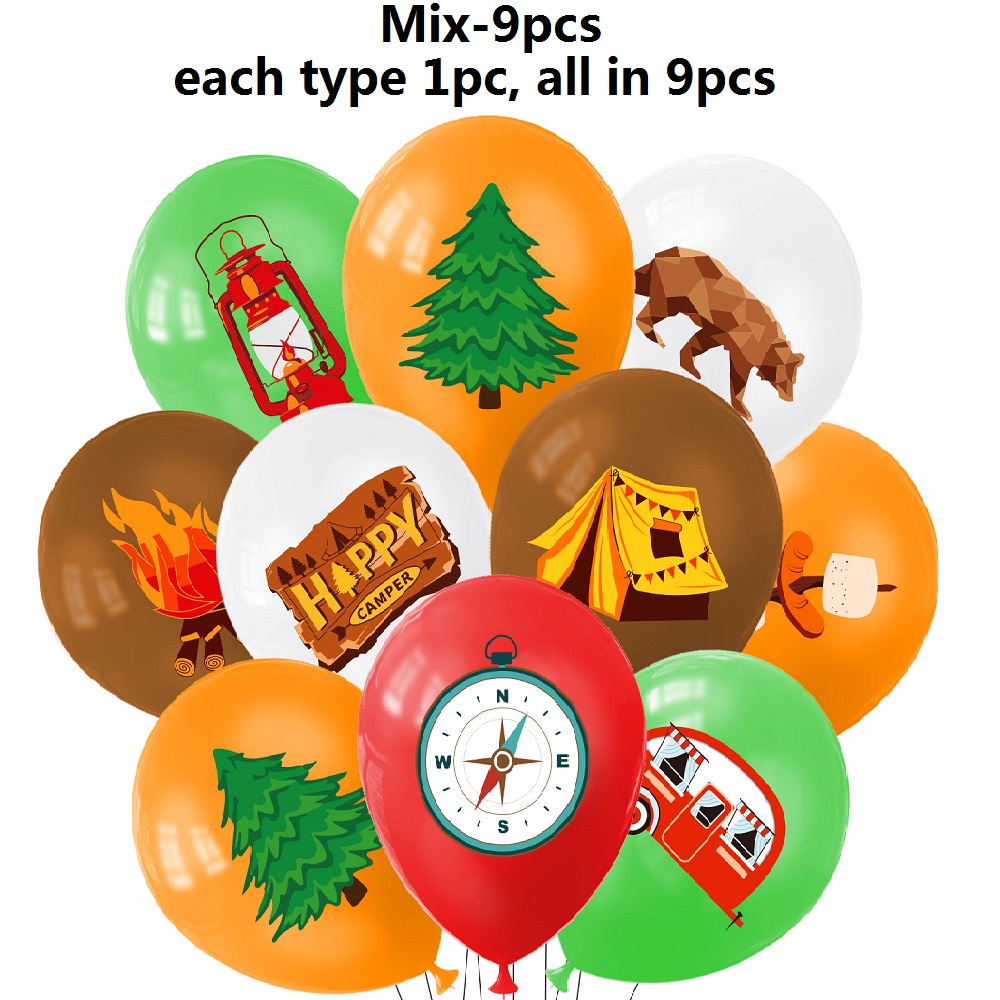 Outdoor Adventure Birthday Party - 9pcs Happy Camping Balloon, Outdoor Adventure